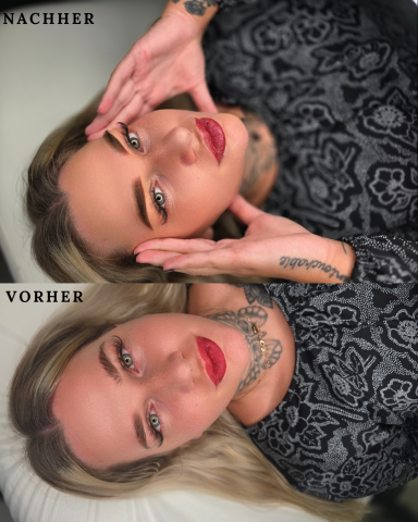 Oben: Frau mit langem Haar, tätowiert, rote Lippen. Unten: Vorher-Nachher-Vergleich.